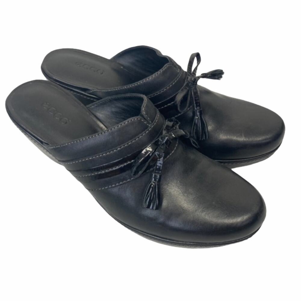 Ecco Black Leather Slip On Heel Clogs Sz 7.5